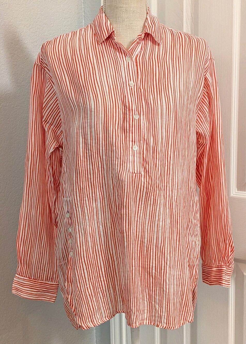 J McLaughlin Fallon 100% Linen Popover Tunic Top SMALL Coastal Beach Red Stripe